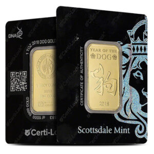 1 oz Scottsdale Lunar Year of the Dog Gold Bar (New w/ Assay) 1 oz Scottsdale Lunar Year of the Dog Gold Bar (New w/ Assay)