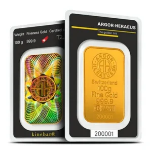 100 Gram Argor Heraeus Kinebar Gold Bar (New w/ Assay) 100 Gram Argor Heraeus Kinebar Gold Bar (New w/ Assay)