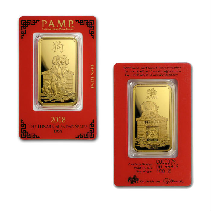 100 Gram PAMP Suisse Lunar Dog Gold Bar (New w/ Assay) 100 Gram PAMP Suisse Lunar Dog Gold Bar (New w/ Assay)