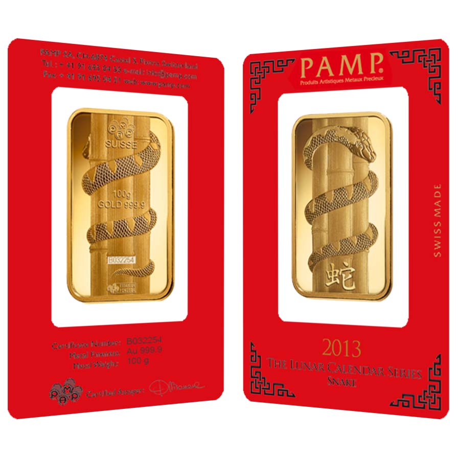100 Gram PAMP Suisse Lunar Snake Gold Bar (New w/ Assay) 100 Gram PAMP Suisse Lunar Snake Gold Bar (New w/ Assay)