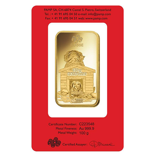 100 Gram PAMP Suisse Lunar Dog Gold Bar (New w/ Assay) 100 Gram PAMP Suisse Lunar Dog Gold Bar (New w/ Assay)
