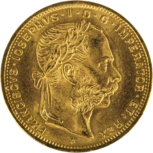 1892 20 Francs 8 Florin Austrian Gold Coin (BU, Restrike) 1892 20 Francs 8 Florin Austrian Gold Coin (BU, Restrike)