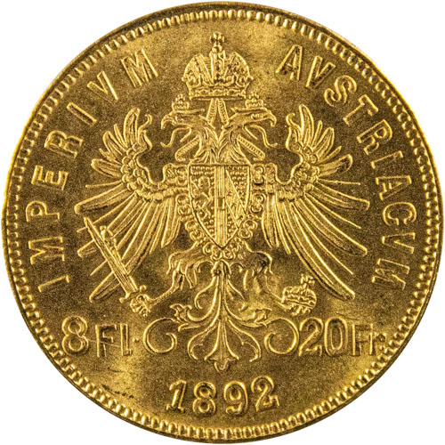 1892 20 Francs 8 Florin Austrian Gold Coin (BU, Restrike) 1892 20 Francs 8 Florin Austrian Gold Coin (BU, Restrike)