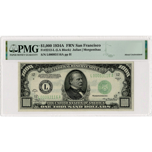 1934 $1000 Federal Reserve Note For Sale (PMG AU50+) 1934 $1000 Federal Reserve Note For Sale (PMG AU50+)