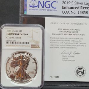 2019-S 1 oz American Silver Eagle Enhanced Reverse Proof Coin NGC PF69 (Varied Label) 2019-S 1 oz American Silver Eagle Enhanced Reverse Proof Coin NGC PF69 (Varied Label)