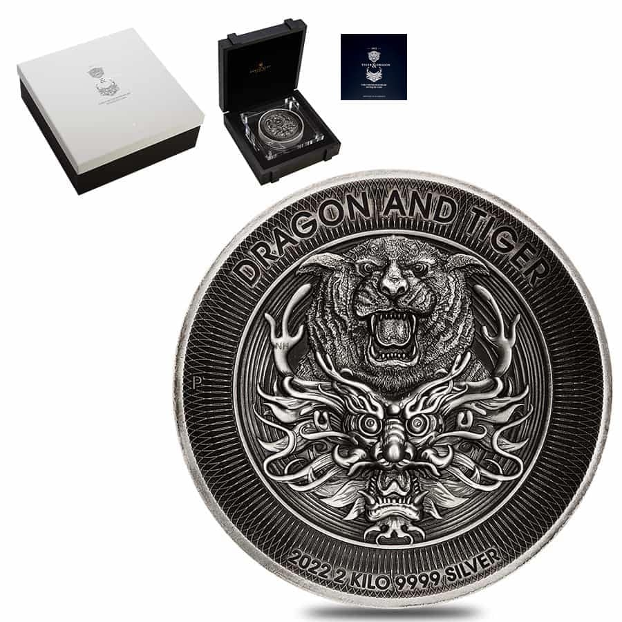 2022 2 Kilo Antique Australian Silver Dragon and Tiger Coin (High Relief, Box + Coa) 2022 2 Kilo Antique Australian Silver Dragon and Tiger Coin (High Relief, Box + Coa)