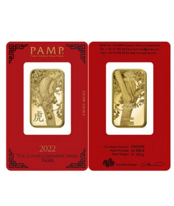 Buy 1 oz PAMP Suisse Lunar Tiger Gold Bar (New w/ Assay) Buy 1 oz PAMP Suisse Lunar Tiger Gold Bar (New w/ Assay)