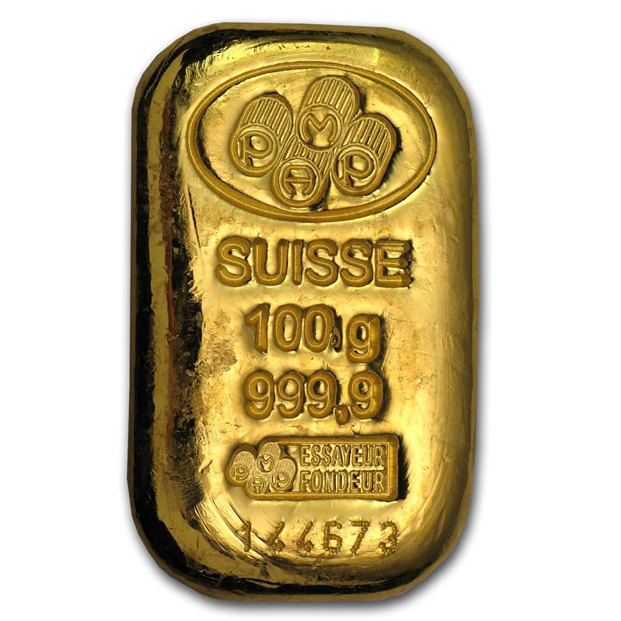Buy 100 Gram PAMP Suisse Cast Gold Bar (New w/ Assay) Buy 100 Gram PAMP Suisse Cast Gold Bar (New w/ Assay)