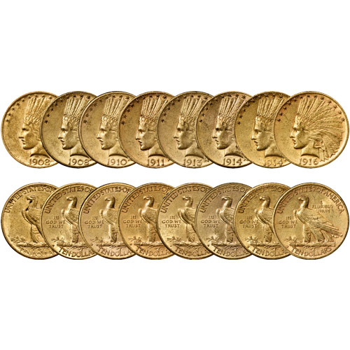 Pre-33 $10 Indian Gold Eagle 8-Coin Rare Date Set (1908-1916, XF+) Pre-33 $10 Indian Gold Eagle 8-Coin Rare Date Set (1908-1916, XF+)