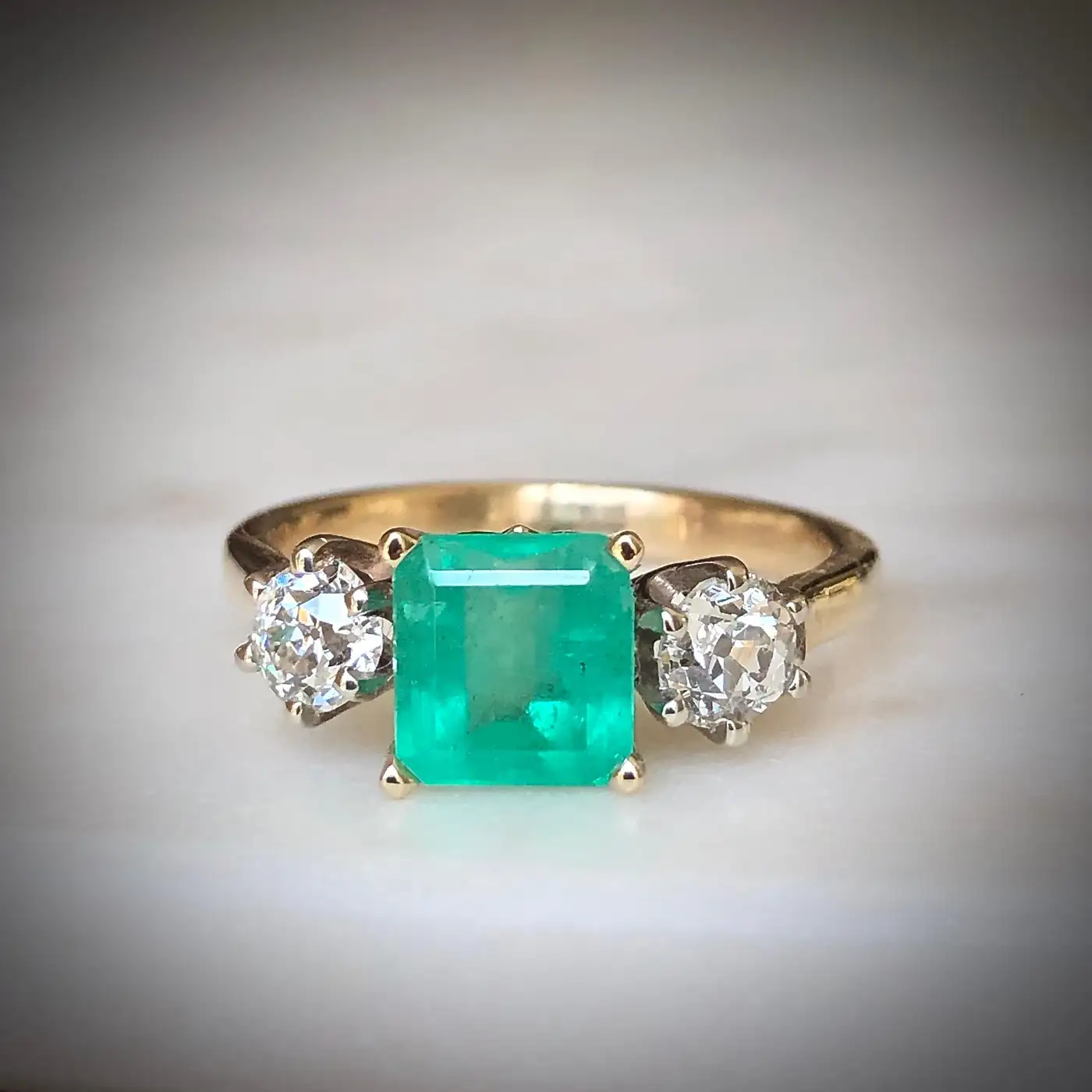 2.33 Carat Natural Colombian Emerald Old European Diamond Engagement Ring Gold