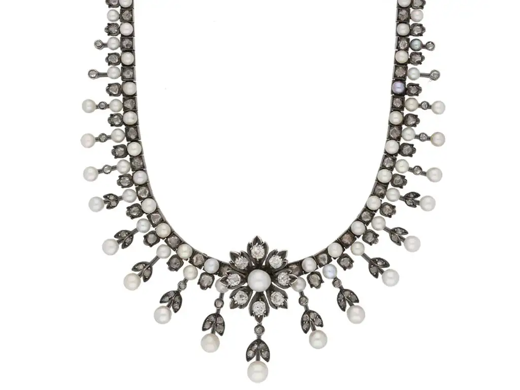 Antique Natural Pearl and Diamond Necklace, circa 1880 Antique Natural Pearl and Diamond Necklace, circa 1880