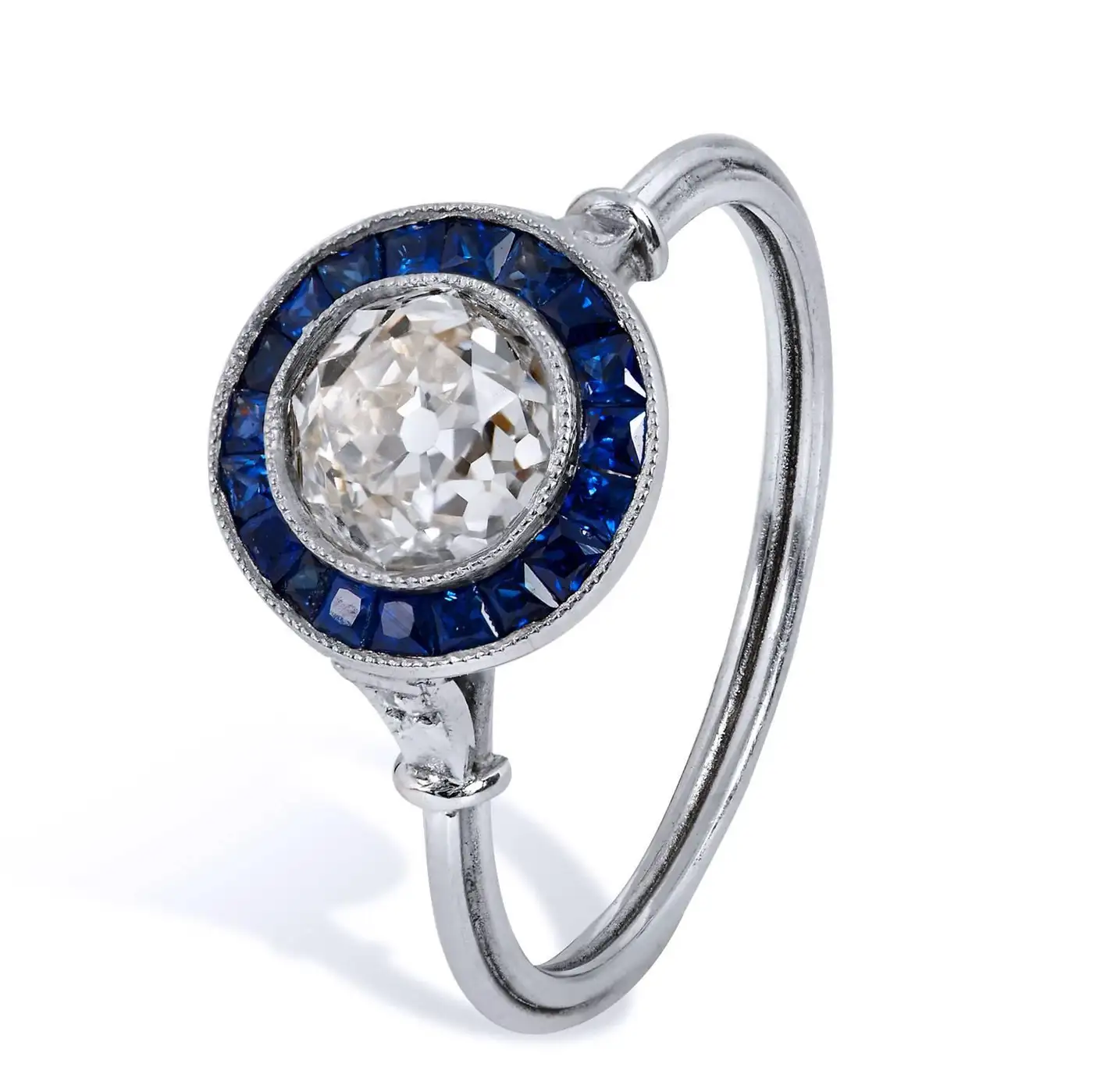 Art Deco Style 1.16 Carat Old European Cut Diamond Sapphire Platinum Ring 6.5 Art Deco Style 1.16 Carat Old European Cut Diamond Sapphire Platinum Ring 6.5