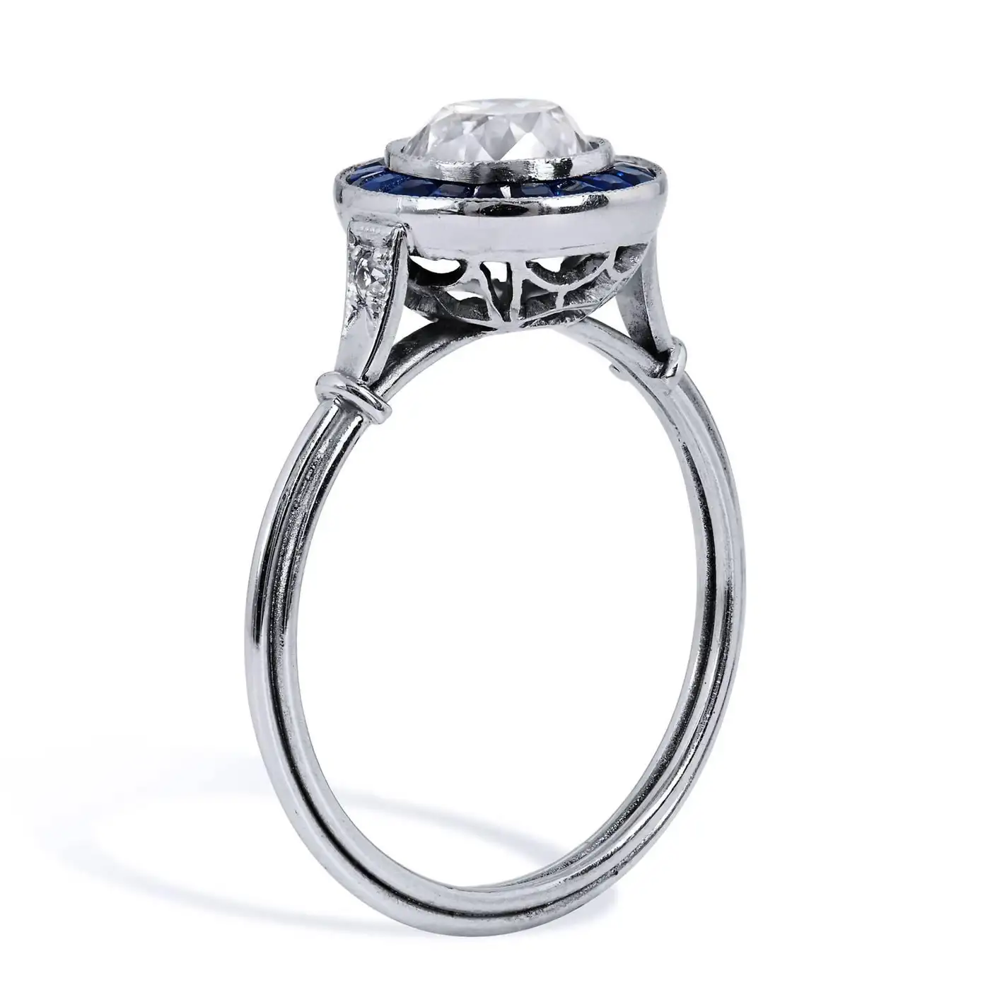 Art Deco Style 1.16 Carat Old European Cut Diamond Sapphire Platinum Ring 6.5 Art Deco Style 1.16 Carat Old European Cut Diamond Sapphire Platinum Ring 6.5