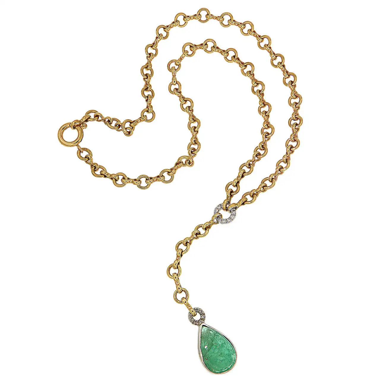 Cabochon Green Emerald Diamonds Yellow Gold Drop Necklace Made In Italy Cabochon Green Emerald Diamonds Yellow Gold Drop Necklace Made In Italy