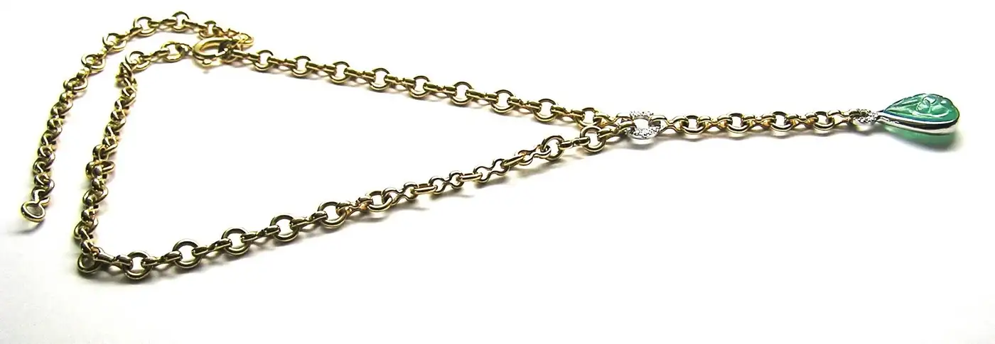 Cabochon Green Emerald Diamonds Yellow Gold Drop Necklace Made In Italy Cabochon Green Emerald Diamonds Yellow Gold Drop Necklace Made In Italy