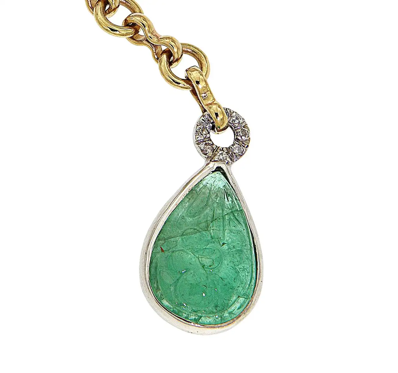 Cabochon Green Emerald Diamonds Yellow Gold Drop Necklace Made In Italy Cabochon Green Emerald Diamonds Yellow Gold Drop Necklace Made In Italy