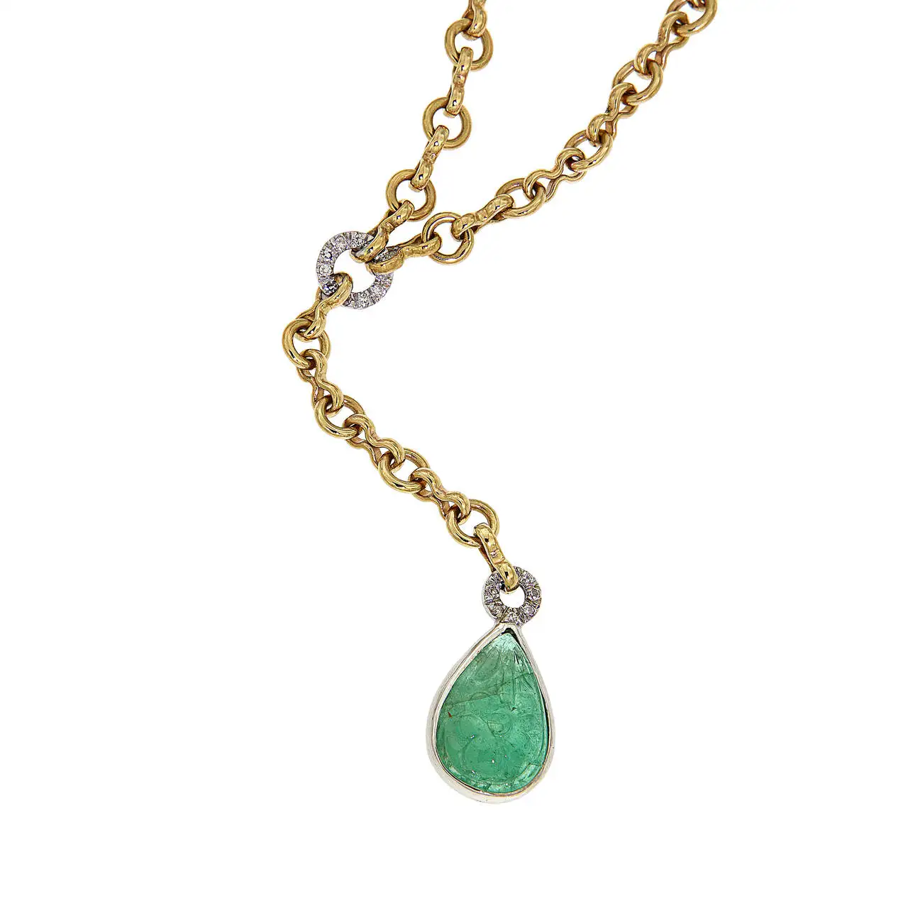 Cabochon Green Emerald Diamonds Yellow Gold Drop Necklace Made In Italy Cabochon Green Emerald Diamonds Yellow Gold Drop Necklace Made In Italy