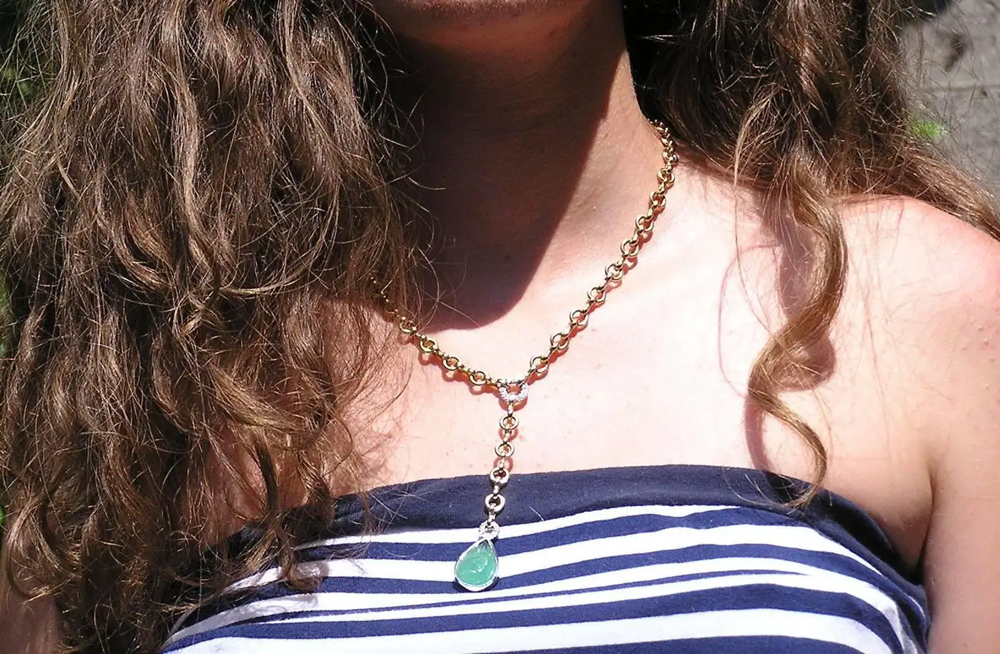Cabochon Green Emerald Diamonds Yellow Gold Drop Necklace Made In Italy Cabochon Green Emerald Diamonds Yellow Gold Drop Necklace Made In Italy