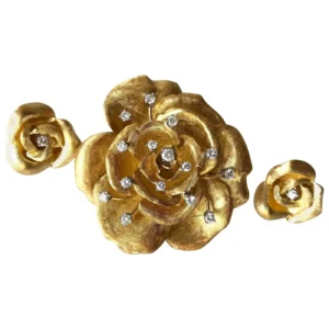 Cartier France 18K Gold Diamond Rose Flowering Brooch and Earrings Set Cartier France 18K Gold Diamond Rose Flowering Brooch and Earrings Set