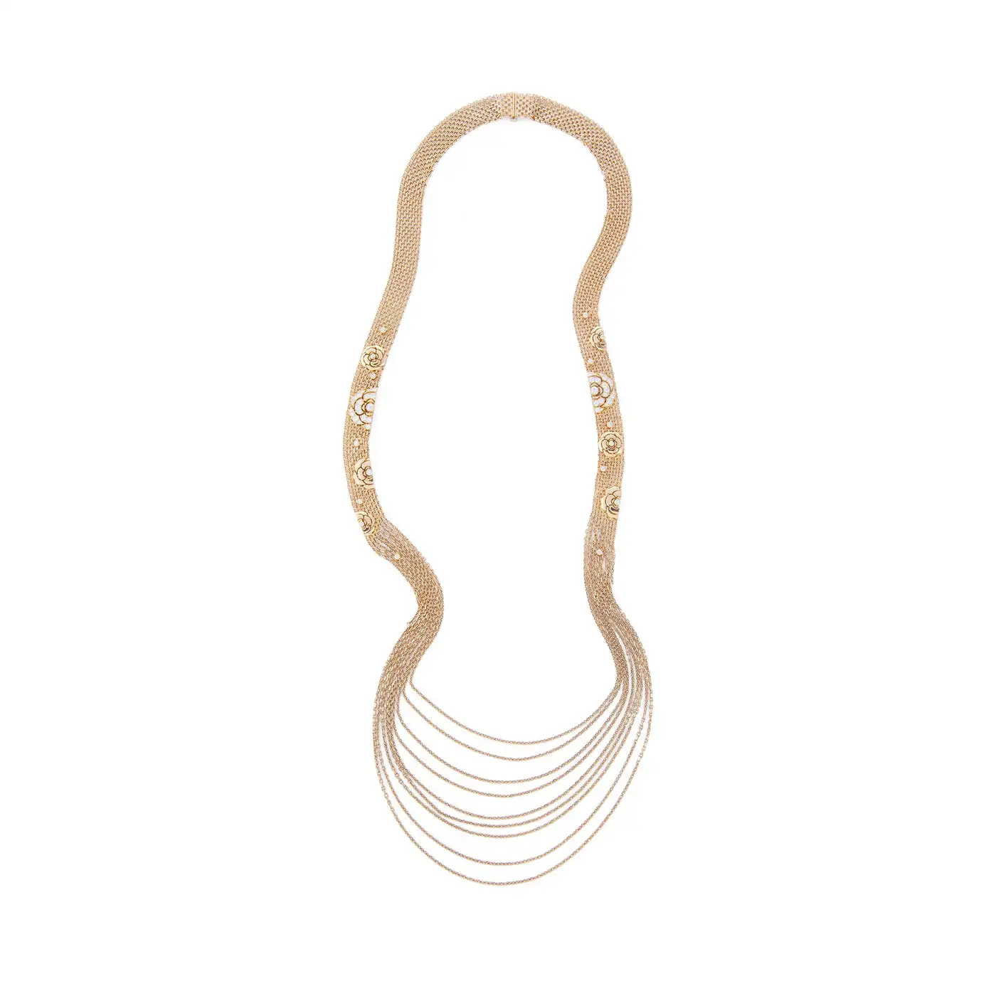 Chanel Gold and Diamond Camellia Multi Strand Flapper Necklace Chanel Gold and Diamond Camellia Multi Strand Flapper Necklace