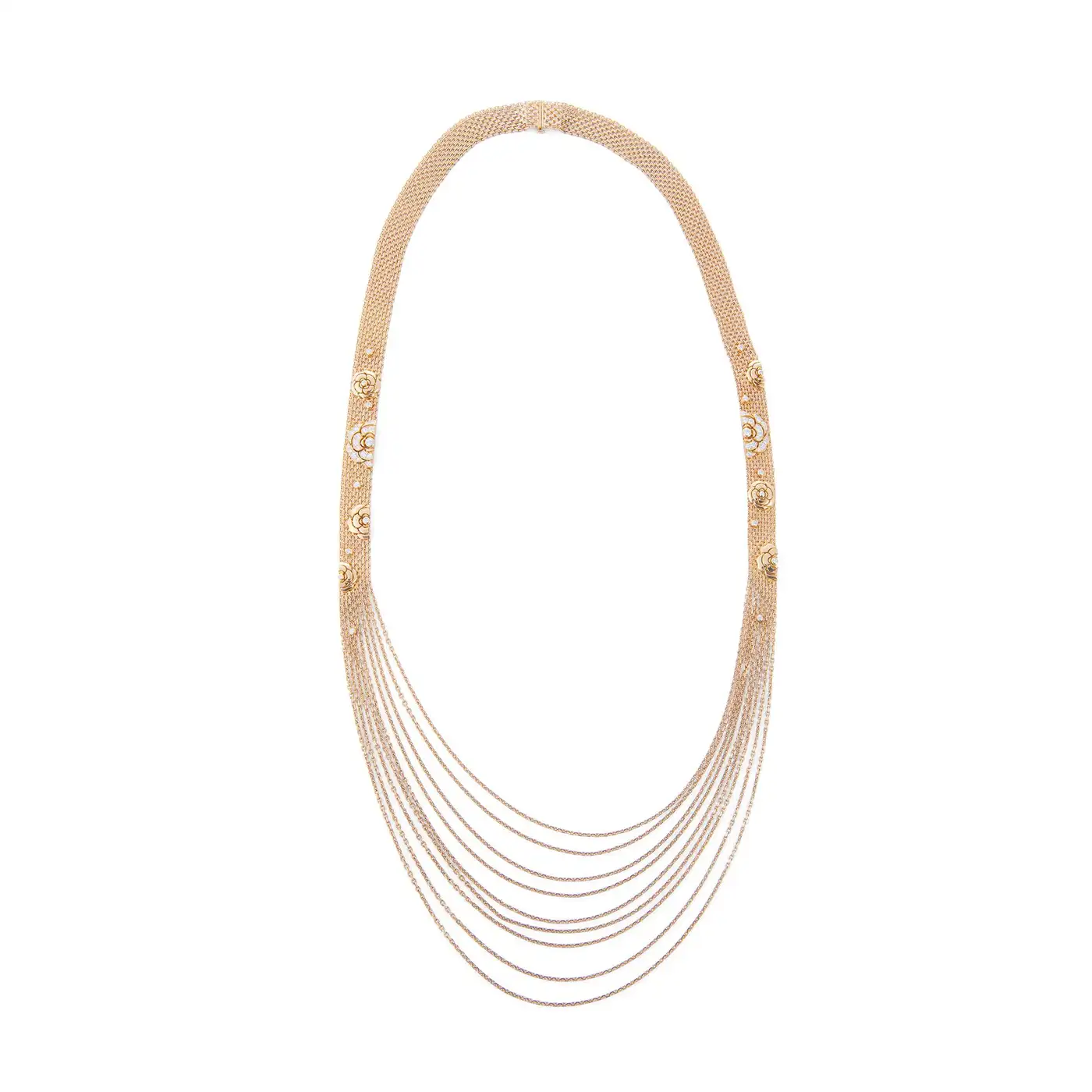 Chanel Gold and Diamond Camellia Multi Strand Flapper Necklace Chanel Gold and Diamond Camellia Multi Strand Flapper Necklace