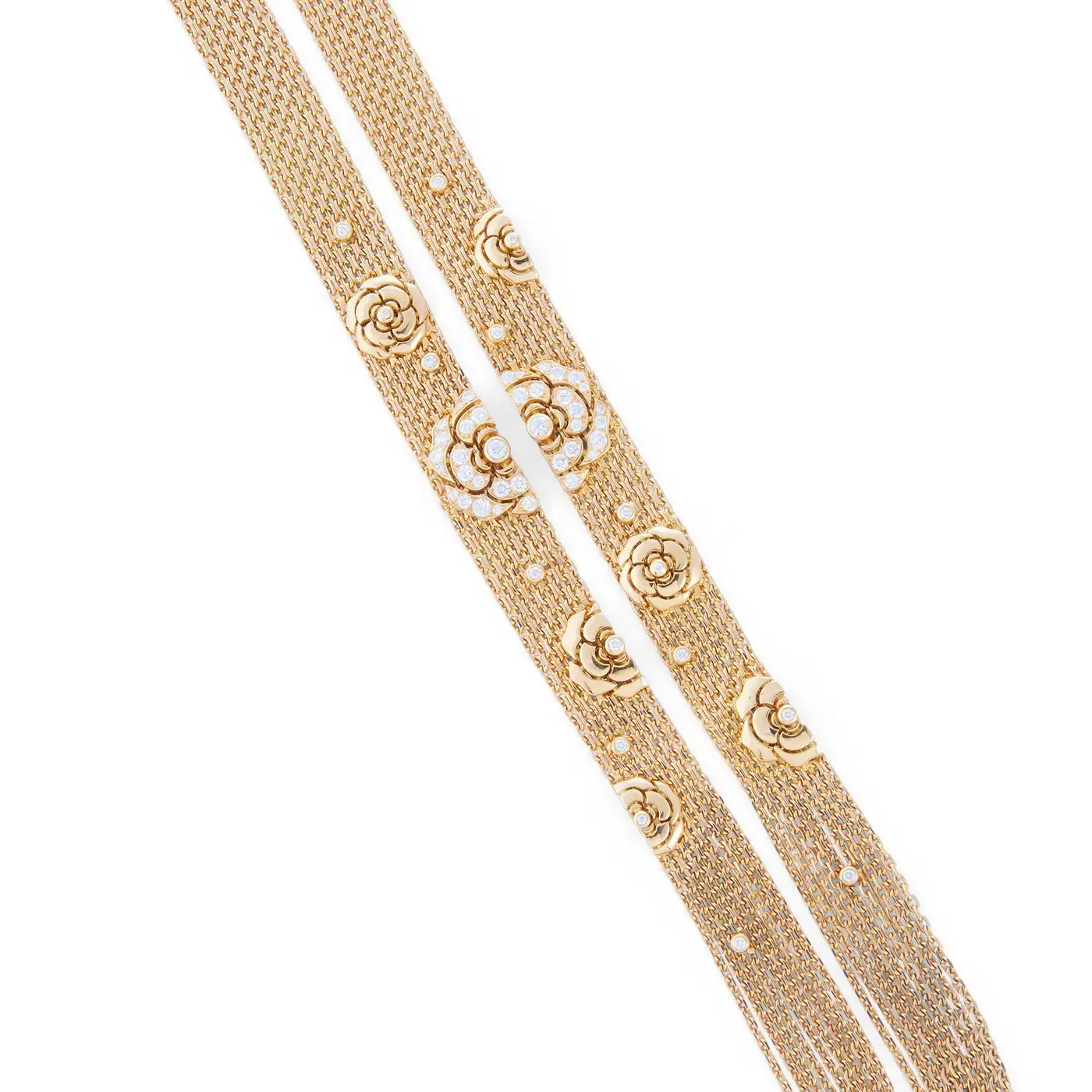 Chanel Gold and Diamond Camellia Multi Strand Flapper Necklace Chanel Gold and Diamond Camellia Multi Strand Flapper Necklace