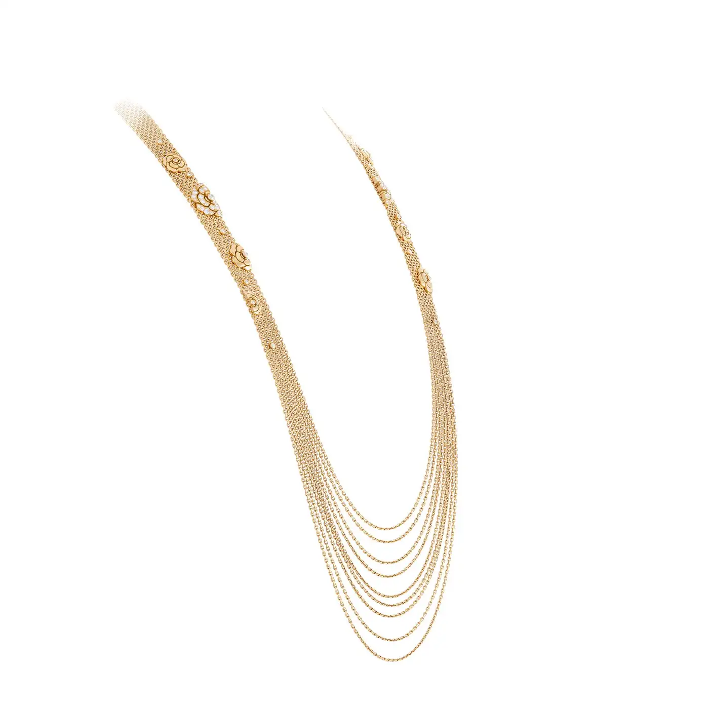 Chanel Gold and Diamond Camellia Multi Strand Flapper Necklace Chanel Gold and Diamond Camellia Multi Strand Flapper Necklace