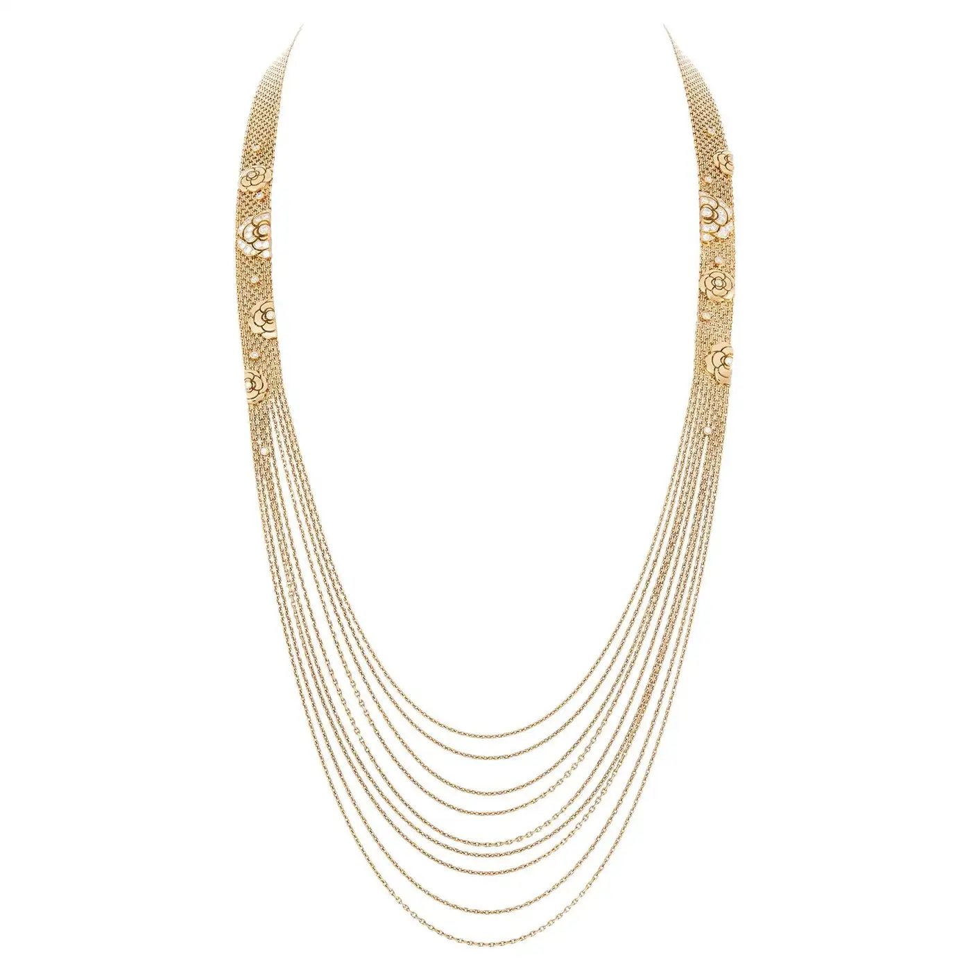 Chanel Gold and Diamond Camellia Multi Strand Flapper Necklace Chanel Gold and Diamond Camellia Multi Strand Flapper Necklace