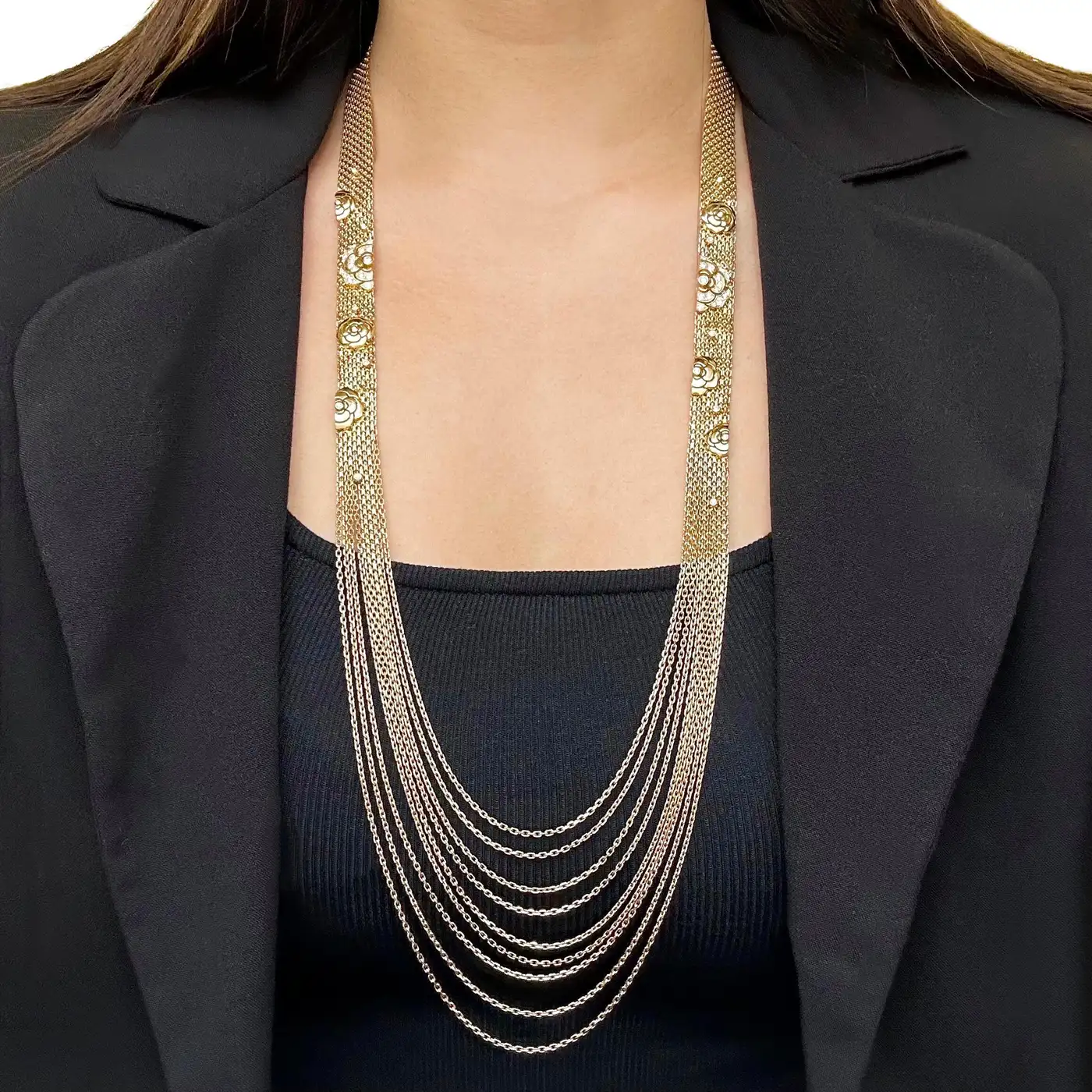 Chanel Gold and Diamond Camellia Multi Strand Flapper Necklace Chanel Gold and Diamond Camellia Multi Strand Flapper Necklace