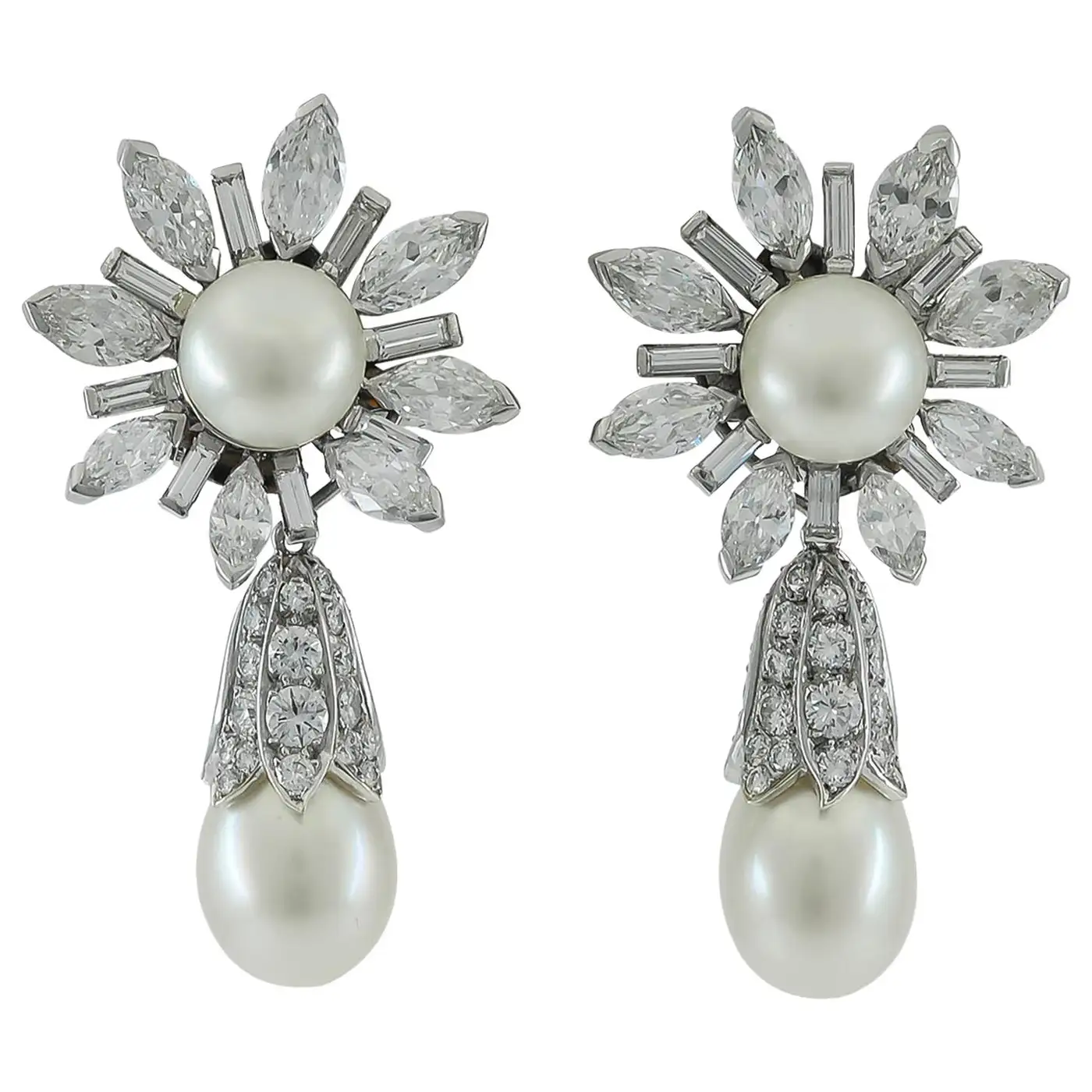 Diamond Natural Saltwater Pearl Platinum Earrings Diamond Natural Saltwater Pearl Platinum Earrings