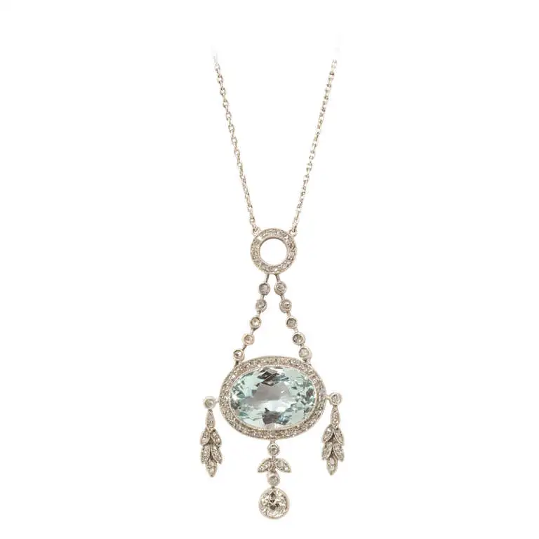 Fabergé Oval Cut Aquamarine Diamond Platinum Gold Pendant Necklace Fabergé Oval Cut Aquamarine Diamond Platinum Gold Pendant Necklace