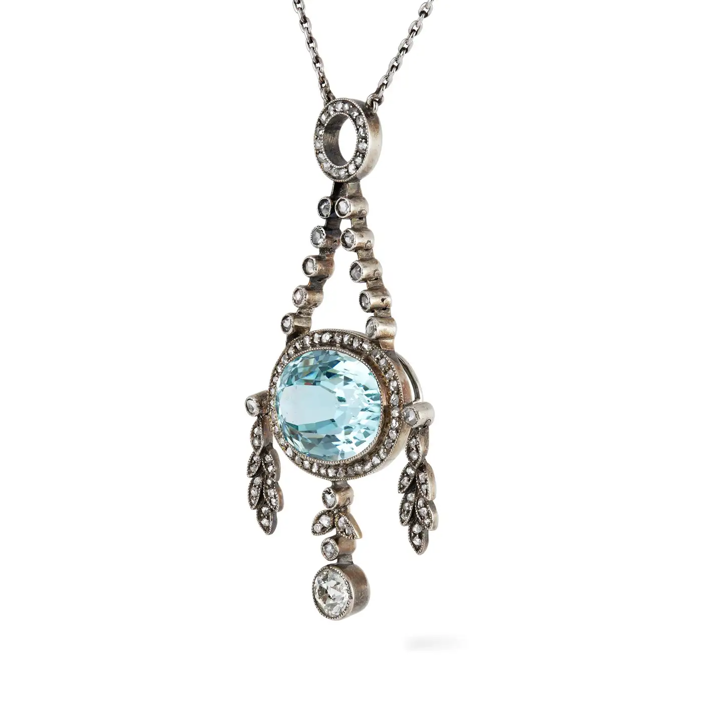 Fabergé Oval Cut Aquamarine Diamond Platinum Gold Pendant Necklace Fabergé Oval Cut Aquamarine Diamond Platinum Gold Pendant Necklace