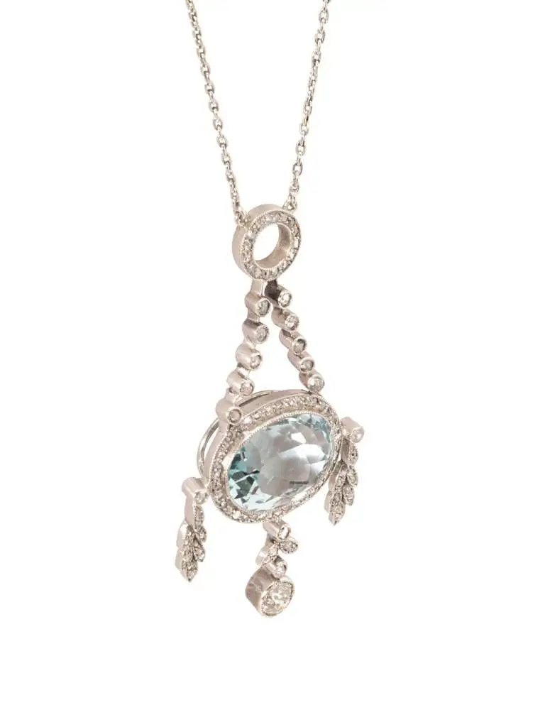 Fabergé Oval Cut Aquamarine Diamond Platinum Gold Pendant Necklace Fabergé Oval Cut Aquamarine Diamond Platinum Gold Pendant Necklace