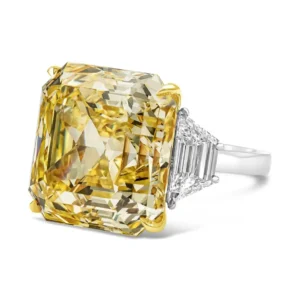 GIA Certified 30.02 Carat Fancy Intense Yellow Diamond Three-Stone Ring GIA Certified 30.02 Carat Fancy Intense Yellow Diamond Three-Stone Ring