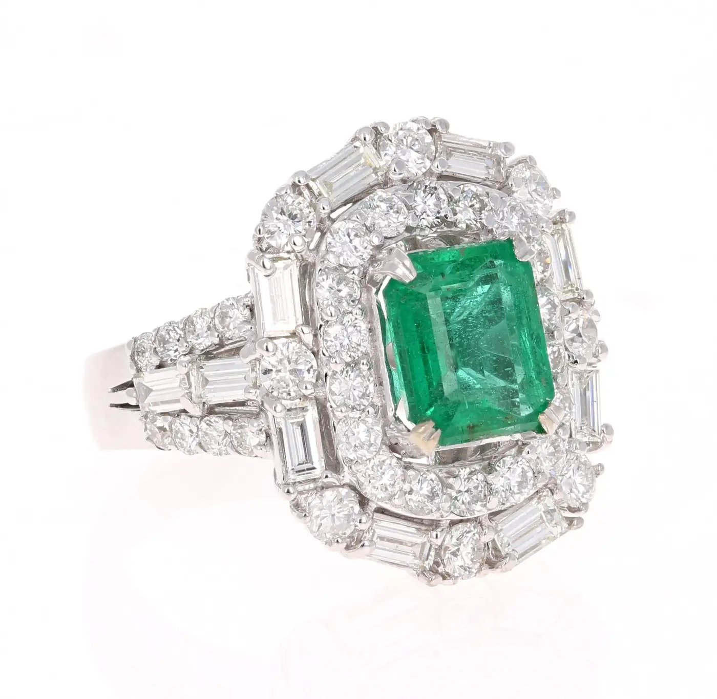 GIA Certified Emerald Diamond 18K White Gold Art-Deco Inspired Cocktail Ring
