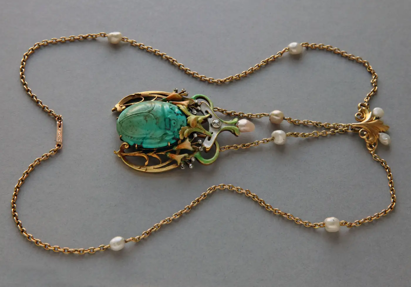 Guillemin Frères Fin de Siècle Enamel Turquoise Pearl Diamond Gold Necklace Guillemin Frères Fin de Siècle Enamel Turquoise Pearl Diamond Gold Necklace