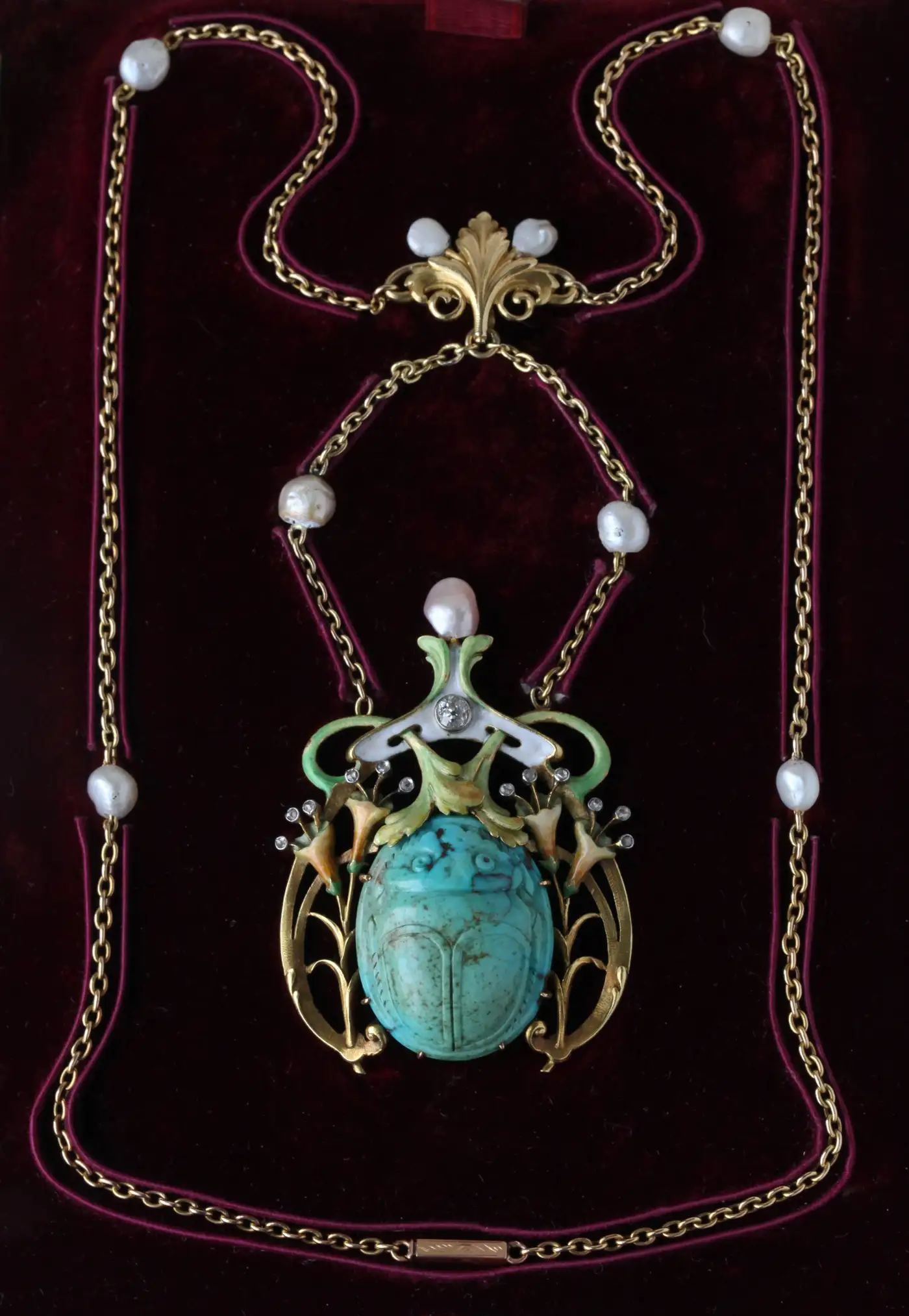 Guillemin Frères Fin de Siècle Enamel Turquoise Pearl Diamond Gold Necklace Guillemin Frères Fin de Siècle Enamel Turquoise Pearl Diamond Gold Necklace