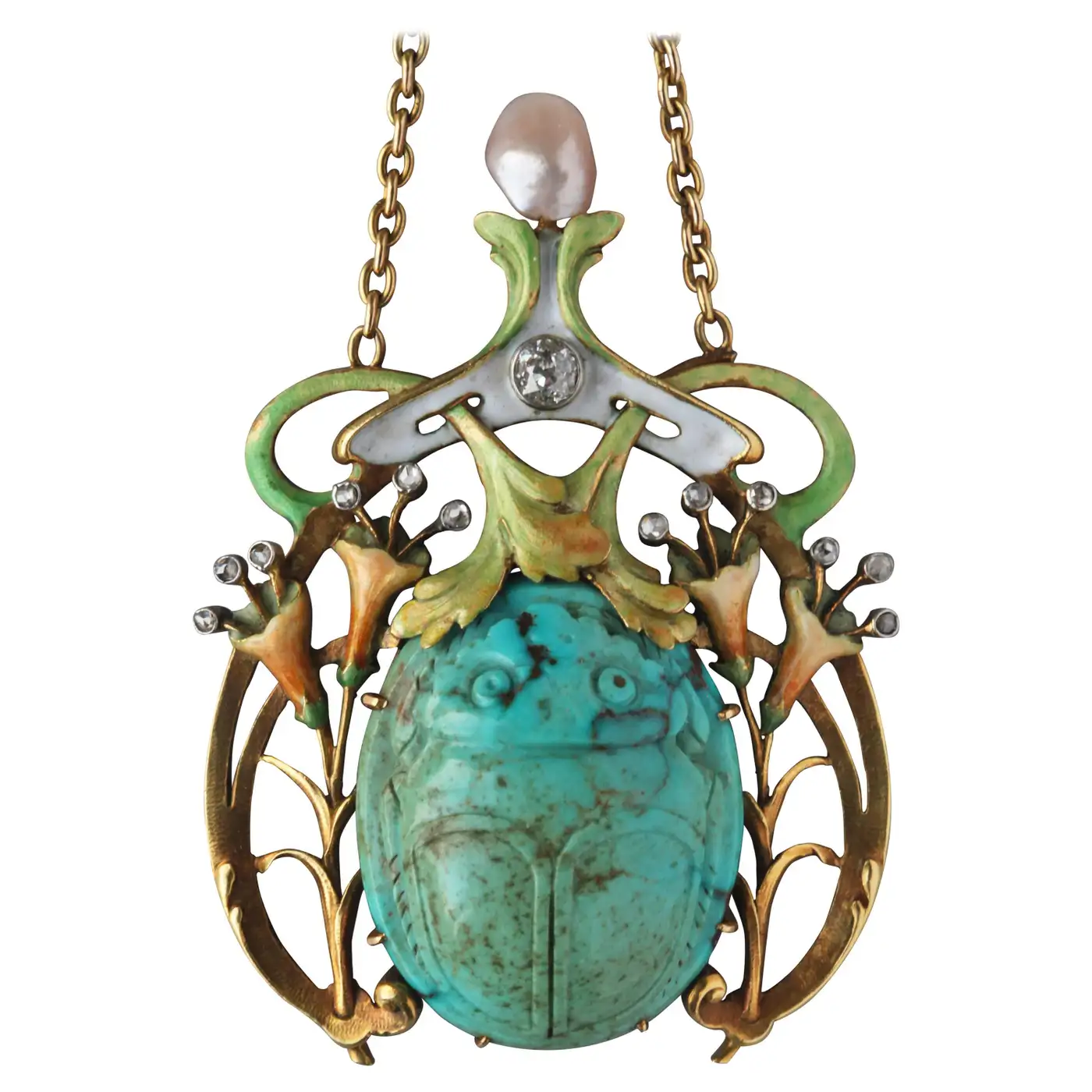 Guillemin Frères Fin de Siècle Enamel Turquoise Pearl Diamond Gold Necklace Guillemin Frères Fin de Siècle Enamel Turquoise Pearl Diamond Gold Necklace