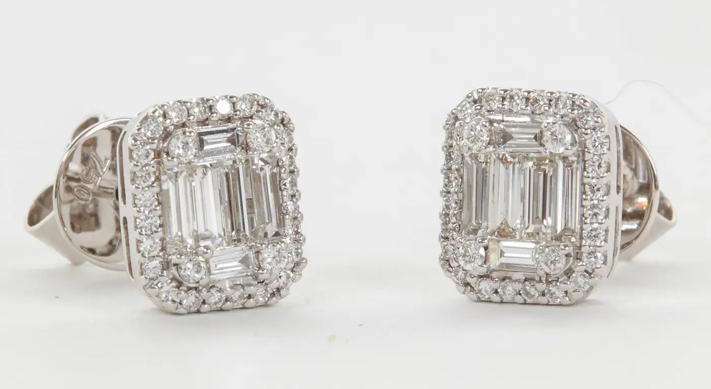 Illusion Emerald Cut Diamond Gold Stud Earrings Illusion Emerald Cut Diamond Gold Stud Earrings