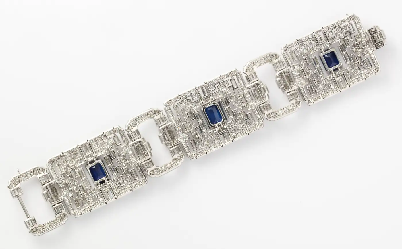 Important Wide Art Deco Diamond and Sapphire Bracelet Important Wide Art Deco Diamond and Sapphire Bracelet