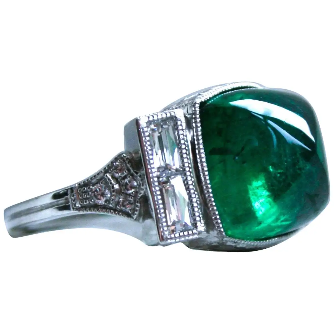 Platinum Art Deco Style Sugarloaf Emerald and Diamond Ring Engagement Ring Platinum Art Deco Style Sugarloaf Emerald and Diamond Ring Engagement Ring