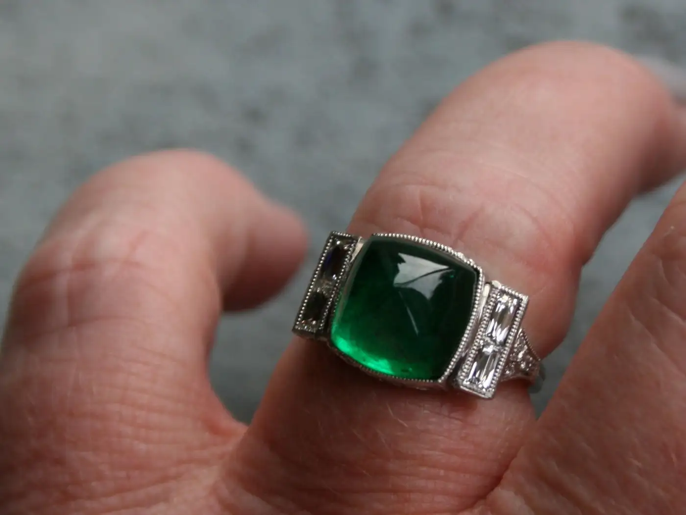 Platinum Art Deco Style Sugarloaf Emerald and Diamond Ring Engagement Ring Platinum Art Deco Style Sugarloaf Emerald and Diamond Ring Engagement Ring