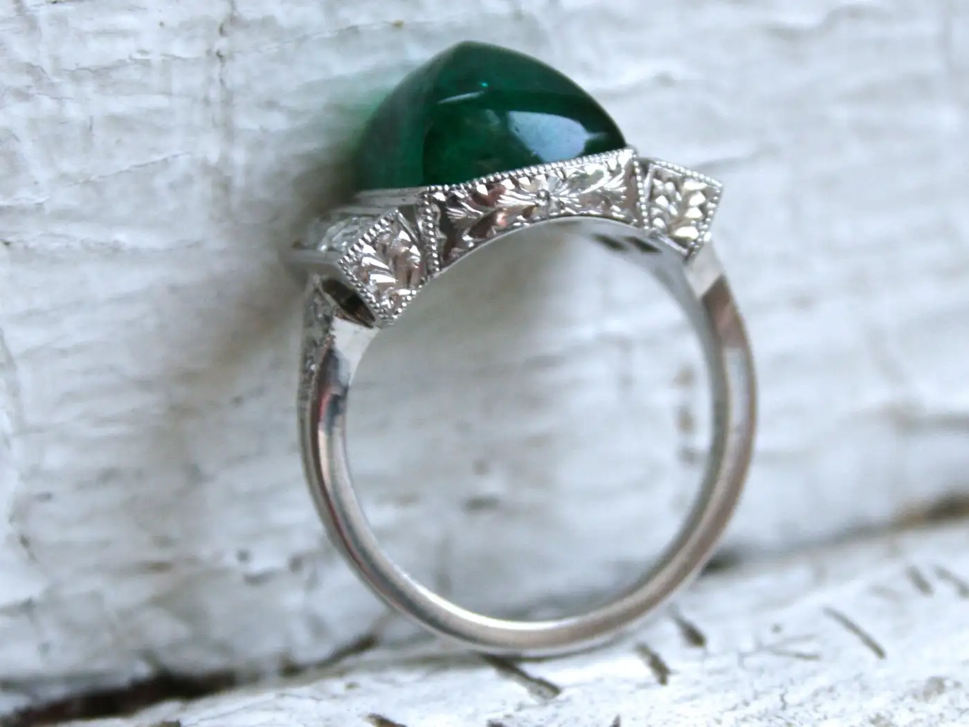 Platinum Art Deco Style Sugarloaf Emerald and Diamond Ring Engagement Ring Platinum Art Deco Style Sugarloaf Emerald and Diamond Ring Engagement Ring