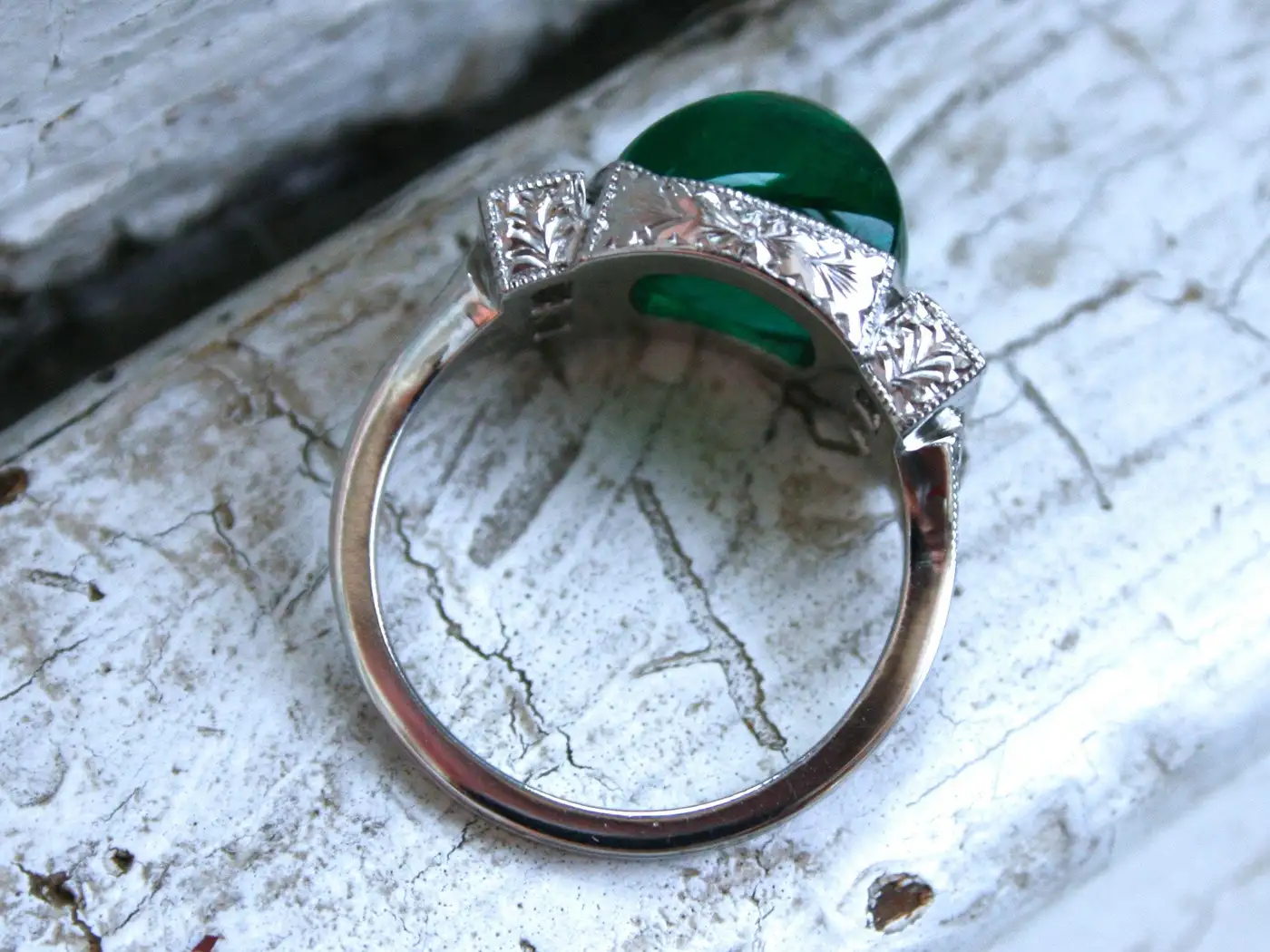 Platinum Art Deco Style Sugarloaf Emerald and Diamond Ring Engagement Ring Platinum Art Deco Style Sugarloaf Emerald and Diamond Ring Engagement Ring