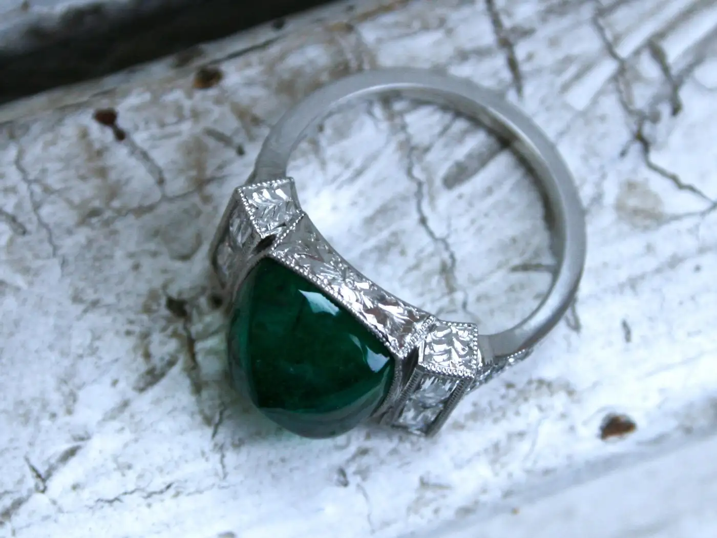 Platinum Art Deco Style Sugarloaf Emerald and Diamond Ring Engagement Ring Platinum Art Deco Style Sugarloaf Emerald and Diamond Ring Engagement Ring