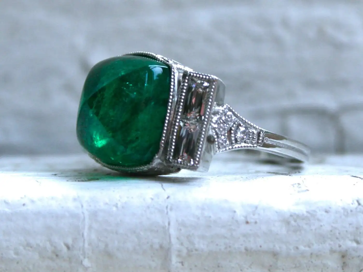 Platinum Art Deco Style Sugarloaf Emerald and Diamond Ring Engagement Ring Platinum Art Deco Style Sugarloaf Emerald and Diamond Ring Engagement Ring