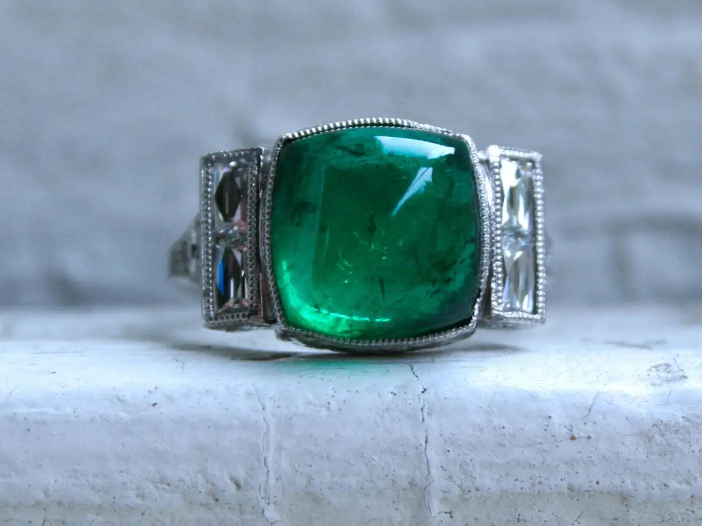 Platinum Art Deco Style Sugarloaf Emerald and Diamond Ring Engagement Ring Platinum Art Deco Style Sugarloaf Emerald and Diamond Ring Engagement Ring
