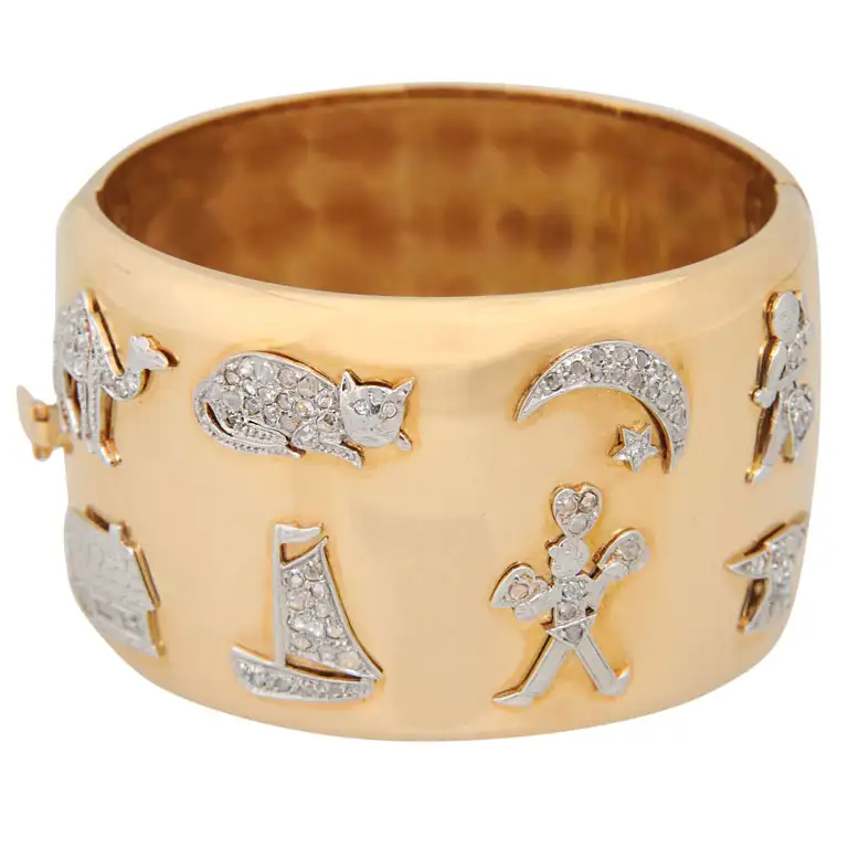 Retro Art Deco Diamond Platinum Charms Gold Bangle Retro Art Deco Diamond Platinum Charms Gold Bangle
