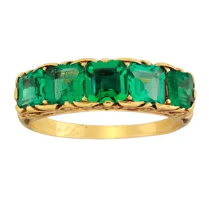 Victorian Emerald Five Stone Carved Gold Half Hoop Ring Victorian Emerald Five Stone Carved Gold Half Hoop Ring
