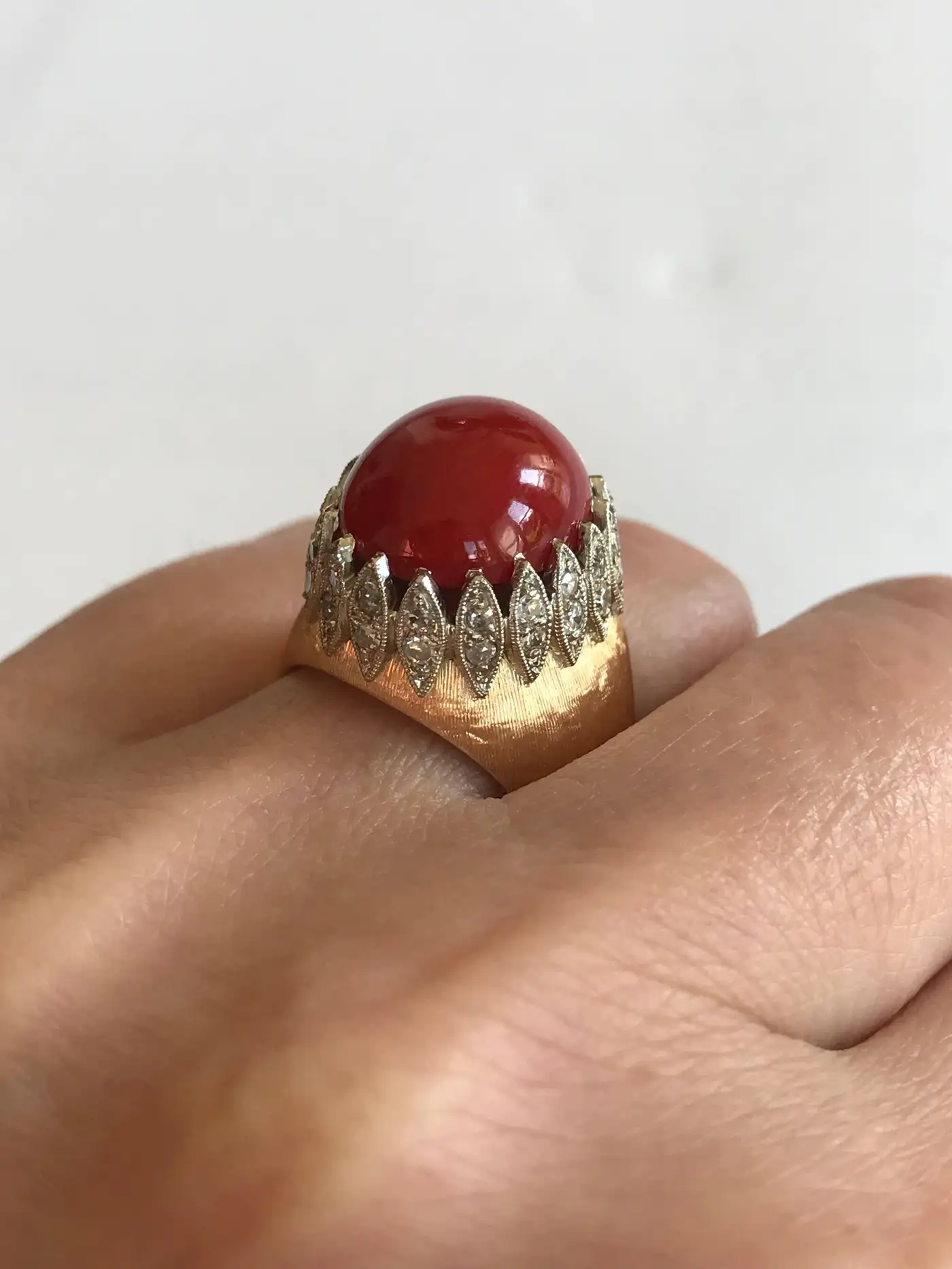 Vintage Italian Red Coral Diamond Yellow Gold Ring Vintage Italian Red Coral Diamond Yellow Gold Ring